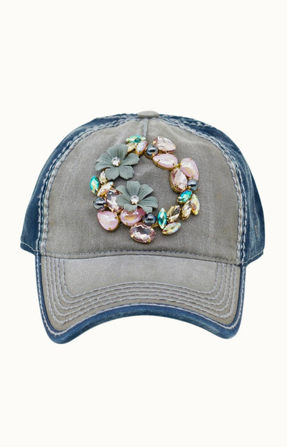 Floral Bejeweled Two-Tone Cap | Moss & Navy Adjustable Women's Hat