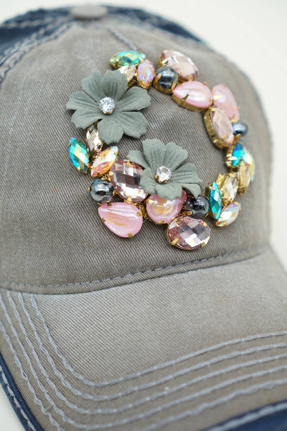 Floral Bejeweled Two-Tone Cap | Moss & Navy Adjustable Women's Hat