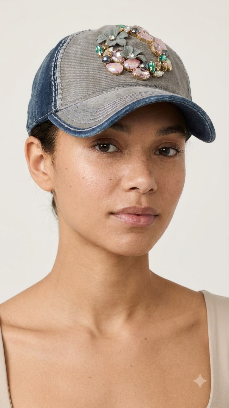 Floral Bejeweled Two-Tone Cap | Moss & Navy Adjustable Women's Hat