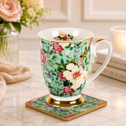 Floral Garden Mint Flowers Mug & Coaster Set | Elegant Bone China Gift for Tea Lovers