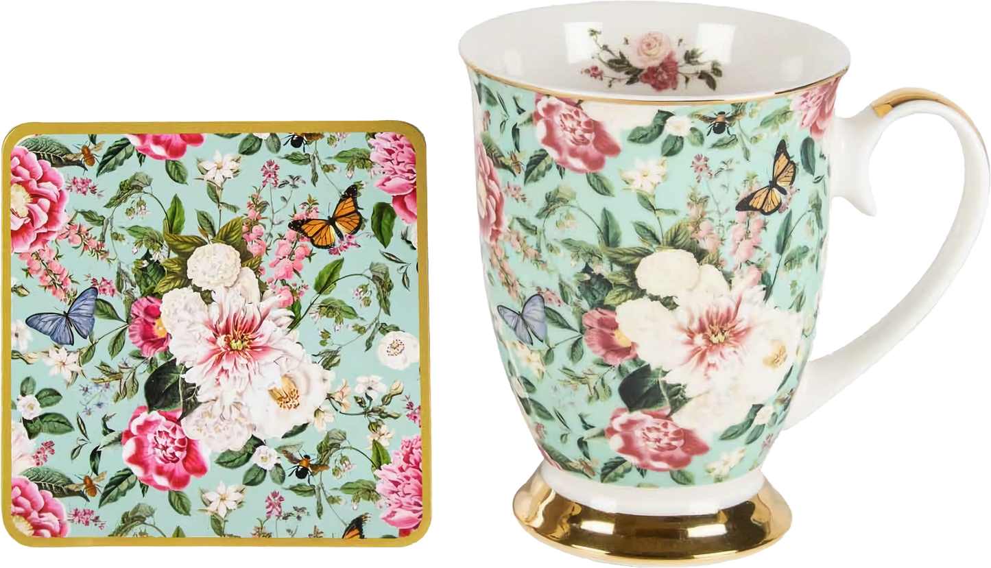 Floral Garden Mint flowers mug and coaster set in New Bone China with butterfly and floral design gift set