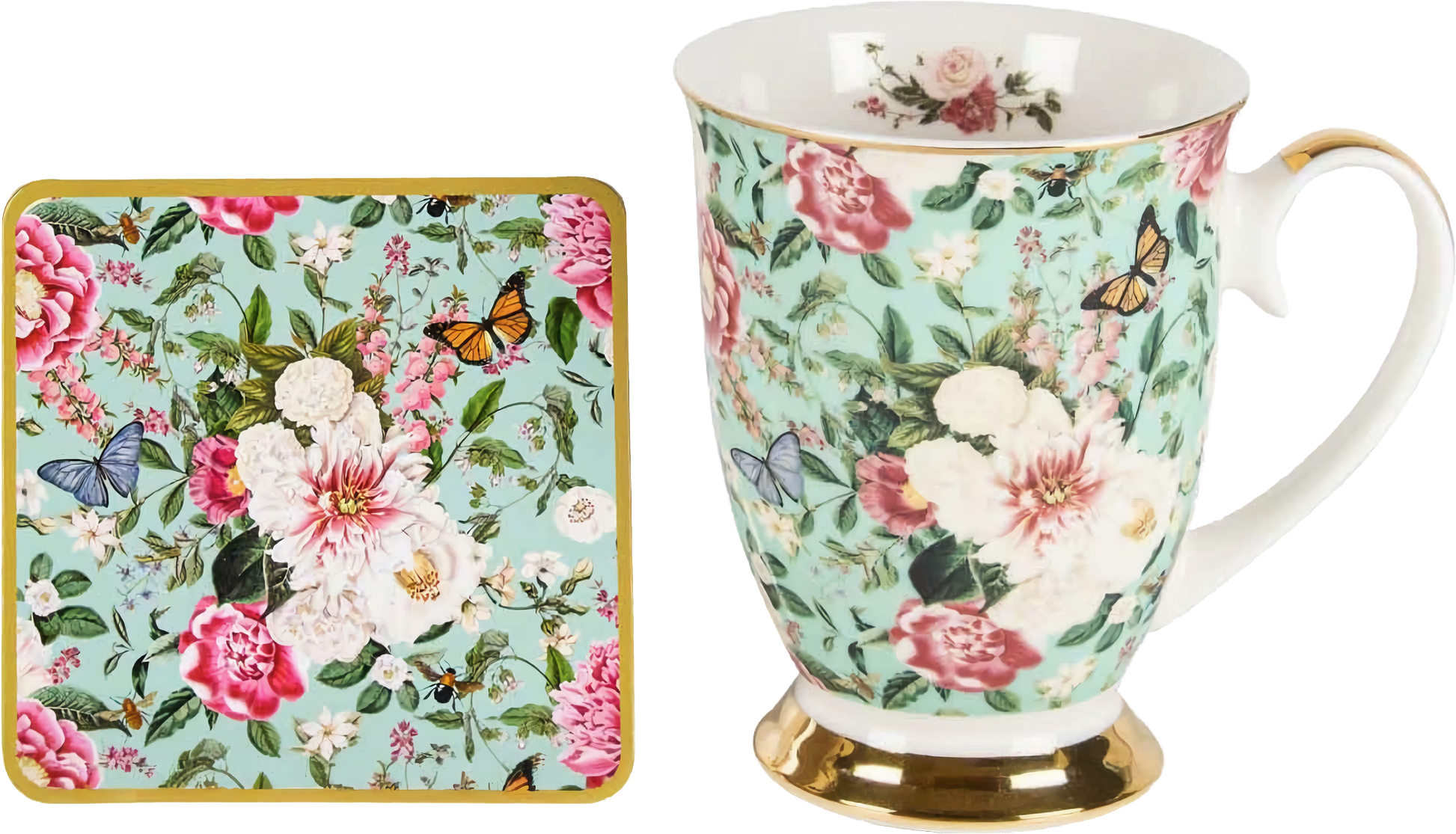 Floral Garden Mint flowers mug and coaster set in New Bone China with butterfly and floral design gift set