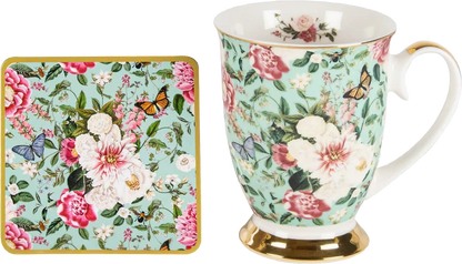 Floral Garden Mint Flowers Mug & Coaster Set | Elegant Bone China Gift for Tea Lovers