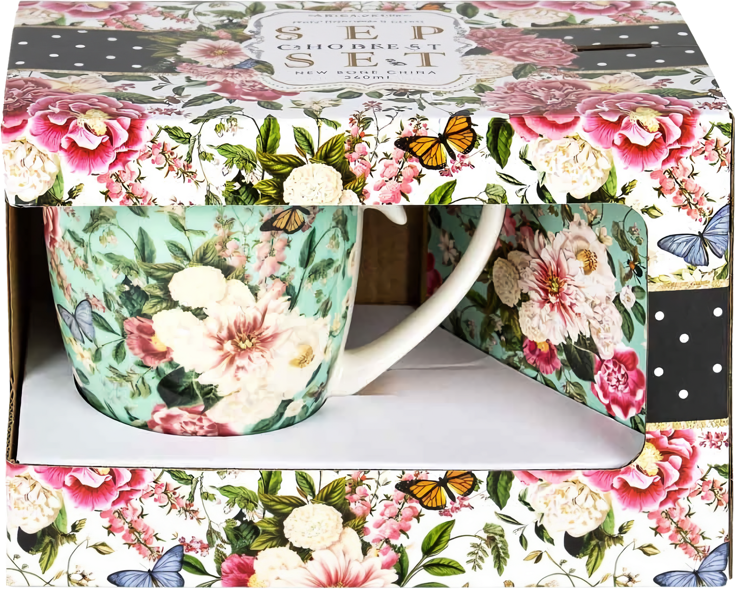 Floral Garden Mint flowers mug and coaster set in New Bone China with butterfly and floral design gift set