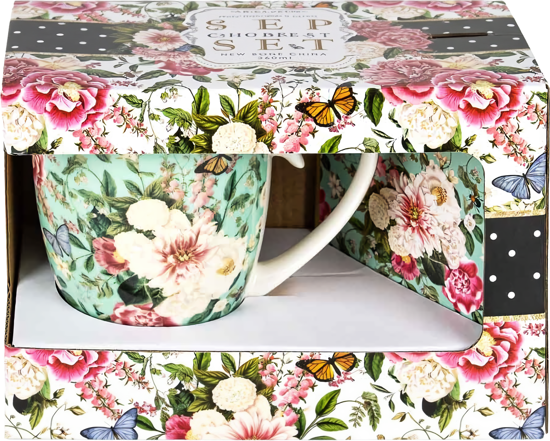 Floral Garden Mint flowers mug and coaster set in New Bone China with butterfly and floral design gift set
