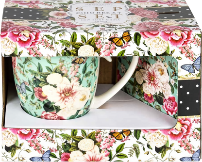 Floral Garden Mint Flowers Mug & Coaster Set | Elegant Bone China Gift for Tea Lovers