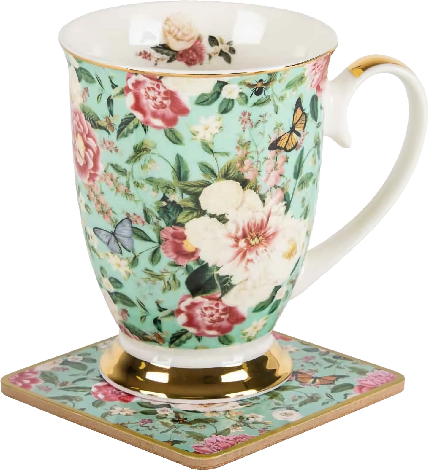 Floral Garden Mint flowers mug and coaster set in New Bone China with butterfly and floral design gift set