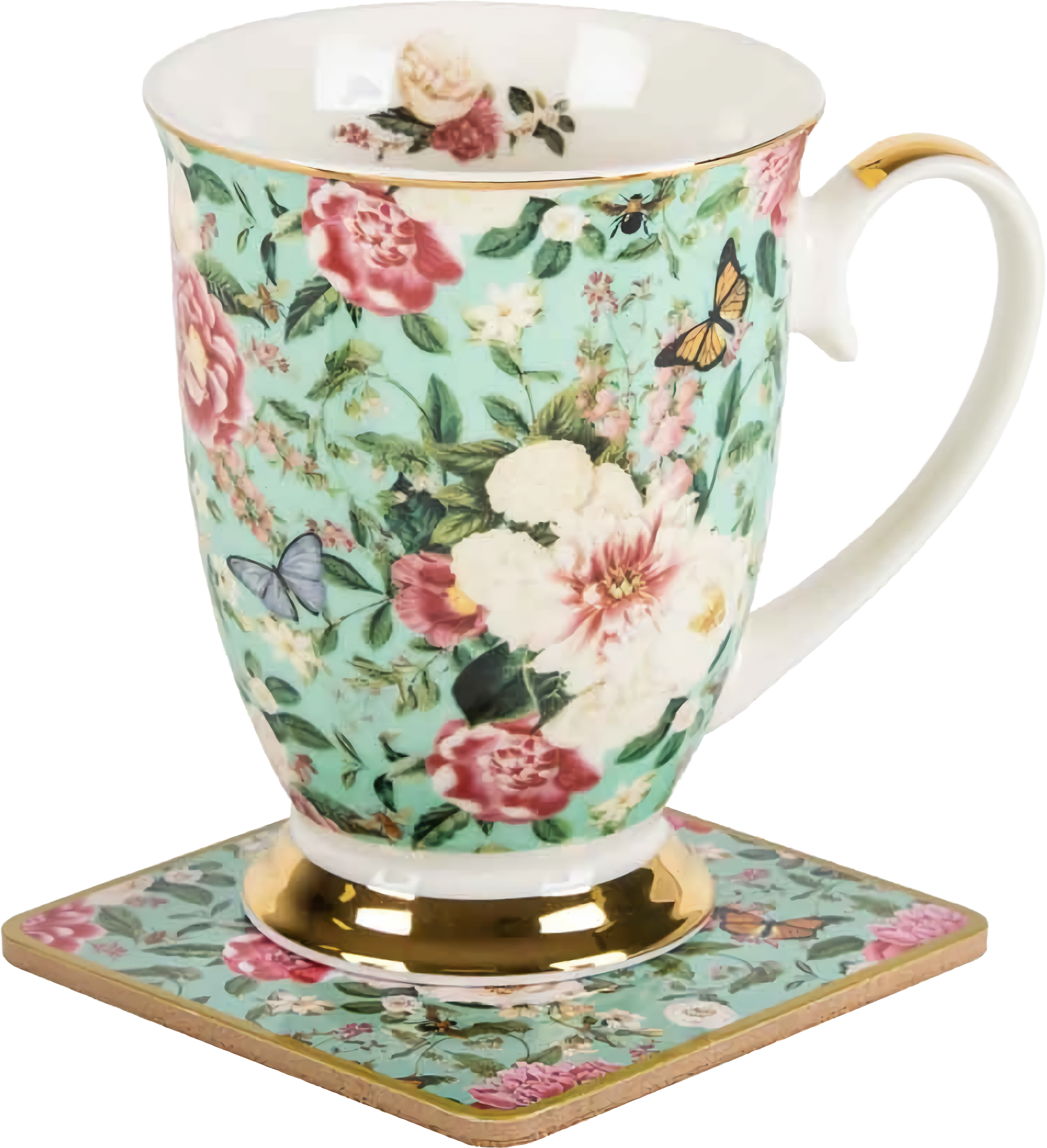 Floral Garden Mint flowers mug and coaster set in New Bone China with butterfly and floral design gift set