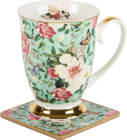Floral Garden Mint Flowers Mug & Coaster Set | Elegant Bone China Gift for Tea Lovers