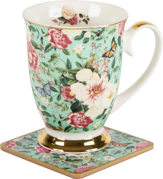 Floral Garden Mint flowers mug and coaster set in New Bone China with butterfly and floral design gift set