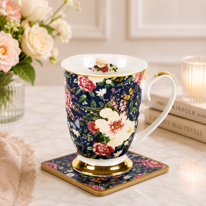 Floral Garden Navy Mug & Coaster Set | New Bone China Tea & Coffee Gift Set 360ml