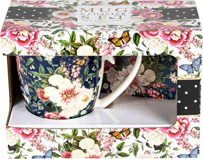 Floral Garden Navy Mug & Coaster Set | New Bone China Tea & Coffee Gift Set 360ml