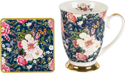Floral Garden Navy Mug & Coaster Set | New Bone China Tea & Coffee Gift Set 360ml