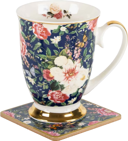Floral Garden Navy Mug & Coaster Set | New Bone China Tea & Coffee Gift Set 360ml