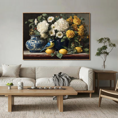 Floral & Lemons A – Brushed Canvas Wall Art with Natural Frame | 90x60 cm