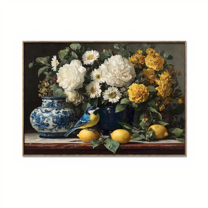 Floral & Lemons A – Brushed Canvas Wall Art with Natural Frame | 90x60 cm