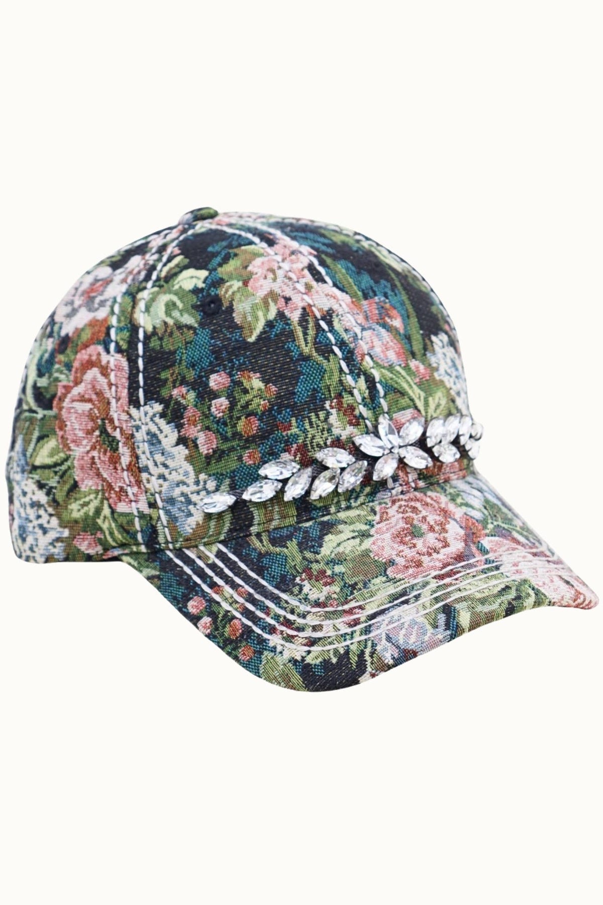 Floral Tapestry Cap with Crystal Bling Detail | Adjustable Women's Hat
