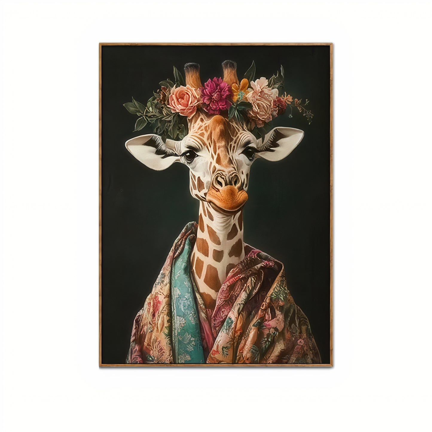 Floral Crown Giraffe – Framed Animal Canvas Wall Art | Brushed Print with Natural Frame 50 x 70cm