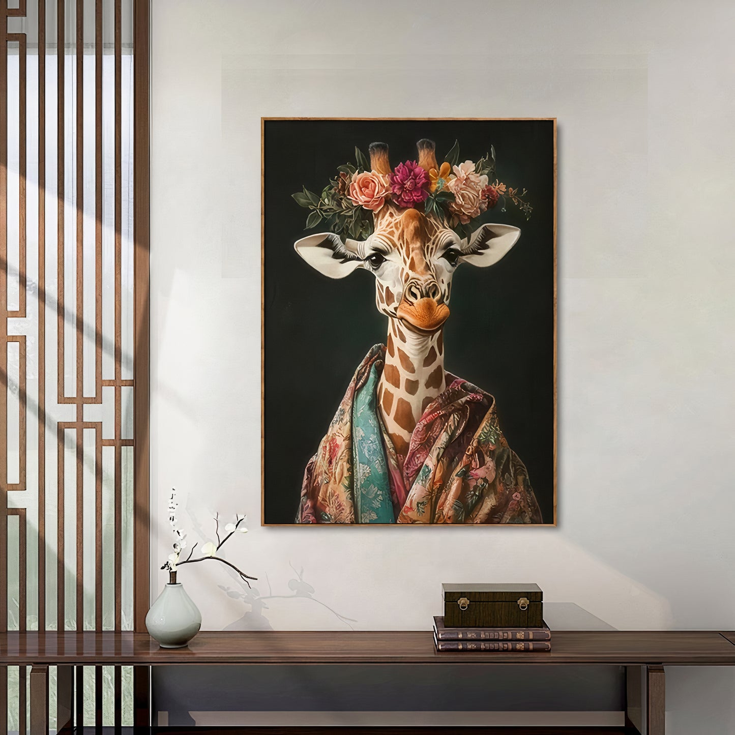Floral Crown Giraffe – Framed Animal Canvas Wall Art | Brushed Print with Natural Frame 50 x 70cm