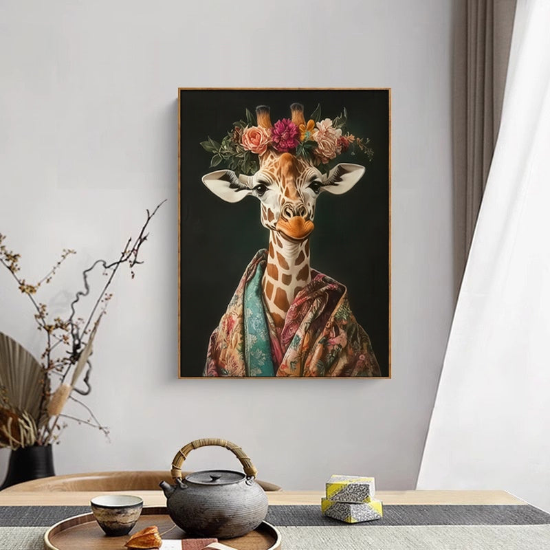 Floral Crown Giraffe – Framed Animal Canvas Wall Art | Brushed Print with Natural Frame 50 x 70cm