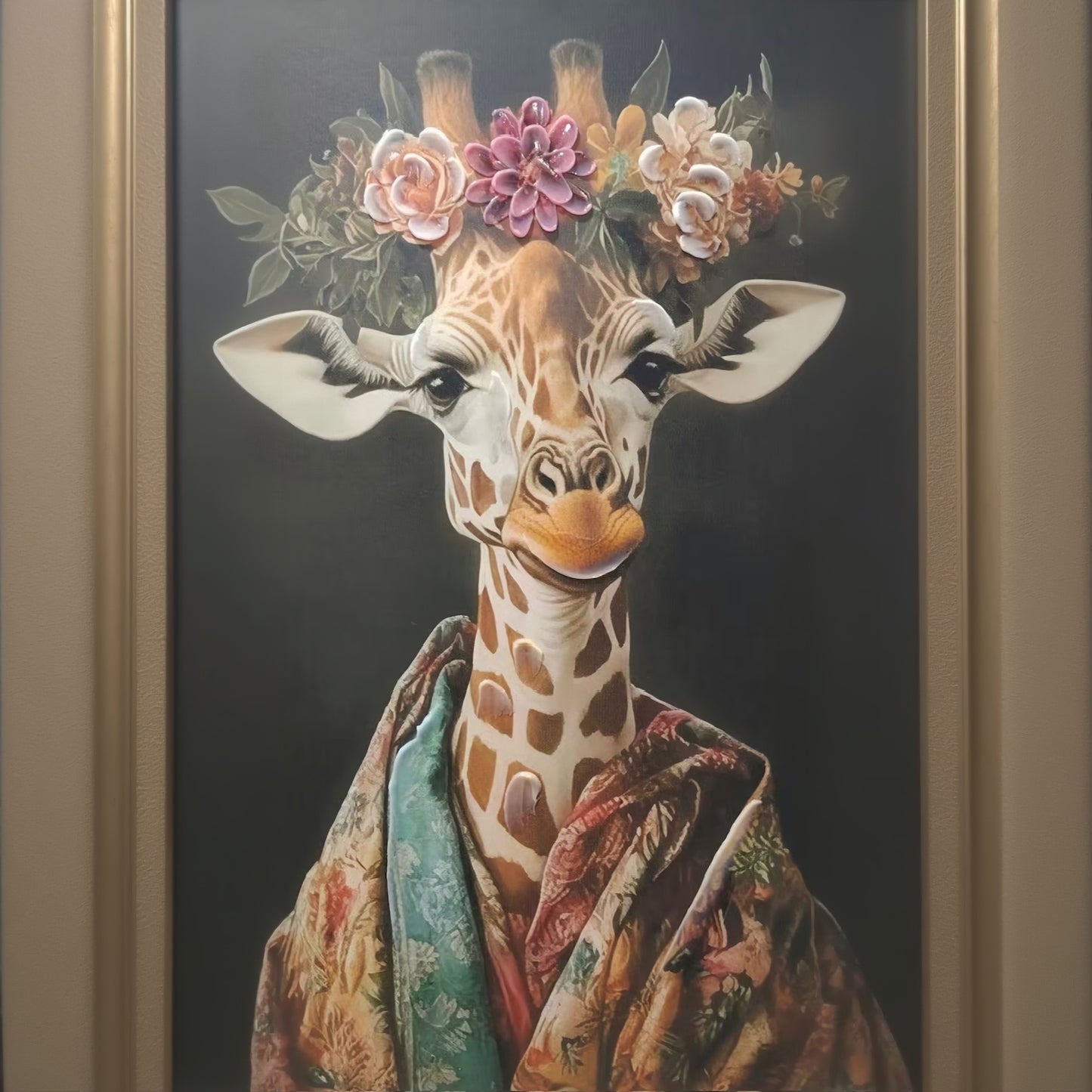 Floral Crown Giraffe – Framed Animal Canvas Wall Art | Brushed Print with Natural Frame 50 x 70cm
