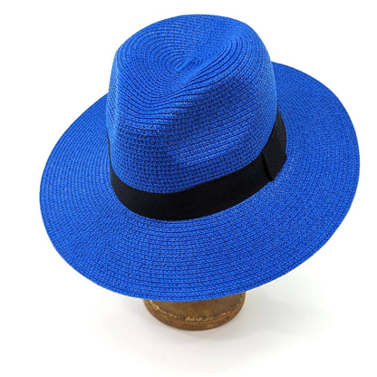 Foldable Panama Style Travel Sun Hat - Blue & Black (57cm)