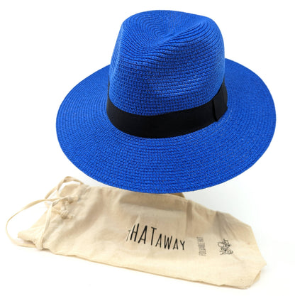 Foldable Panama Style Travel Sun Hat - Blue & Black (57cm)