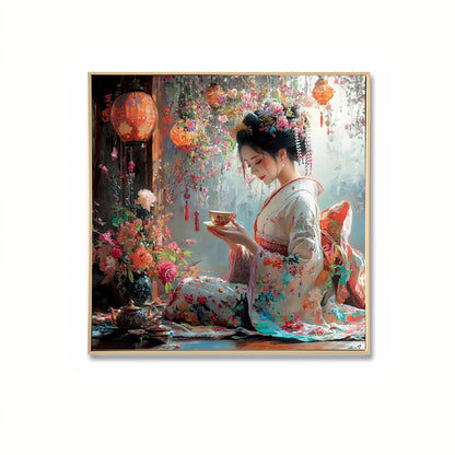 Geisha Girl Brushed Canvas Wall Art – Floral Japanese-Inspired Framed Print | 70x70 cm