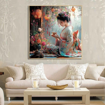 Geisha Girl Brushed Canvas Wall Art – Floral Japanese-Inspired Framed Print | 70x70 cm