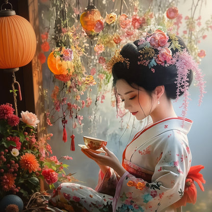 Geisha Girl Brushed Canvas Wall Art – Floral Japanese-Inspired Framed Print | 70x70 cm