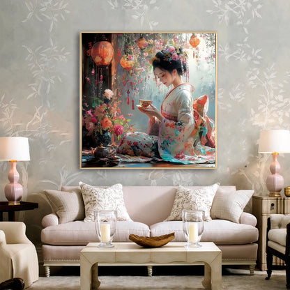 Geisha Girl Brushed Canvas Wall Art – Floral Japanese-Inspired Framed Print | 70x70 cm
