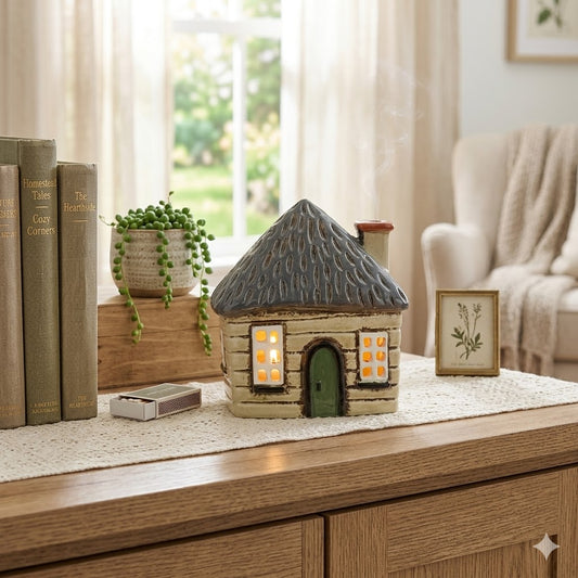 Green Door Thatch Cottage Tealight Holder | Ceramic Village House Décor 18.5cm