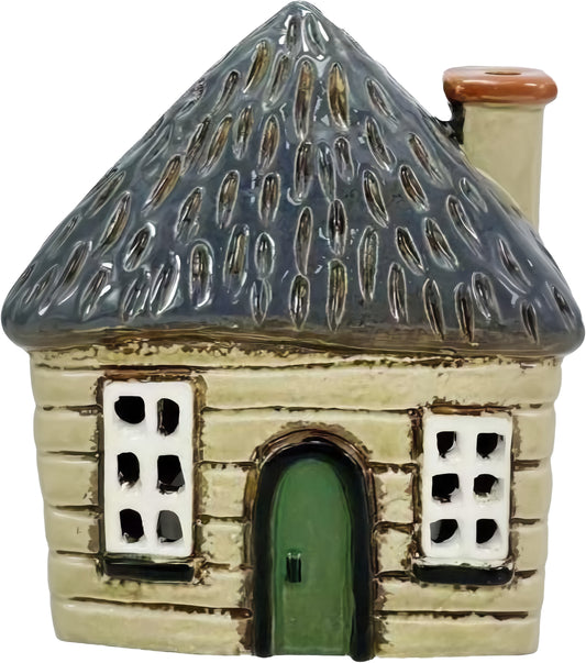 Green Door Thatch Cottage Tealight Holder | Ceramic Village House Décor 18.5cm