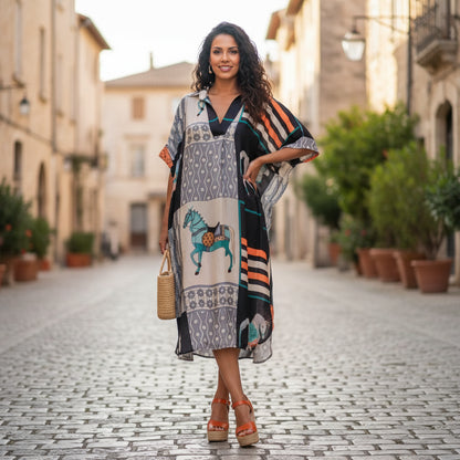 Horse print dress in silk viscose