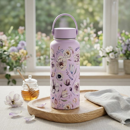 Lavender Floral Insulated Water Bottle 1000ml | Stainless Steel Travel Tumbler Gift