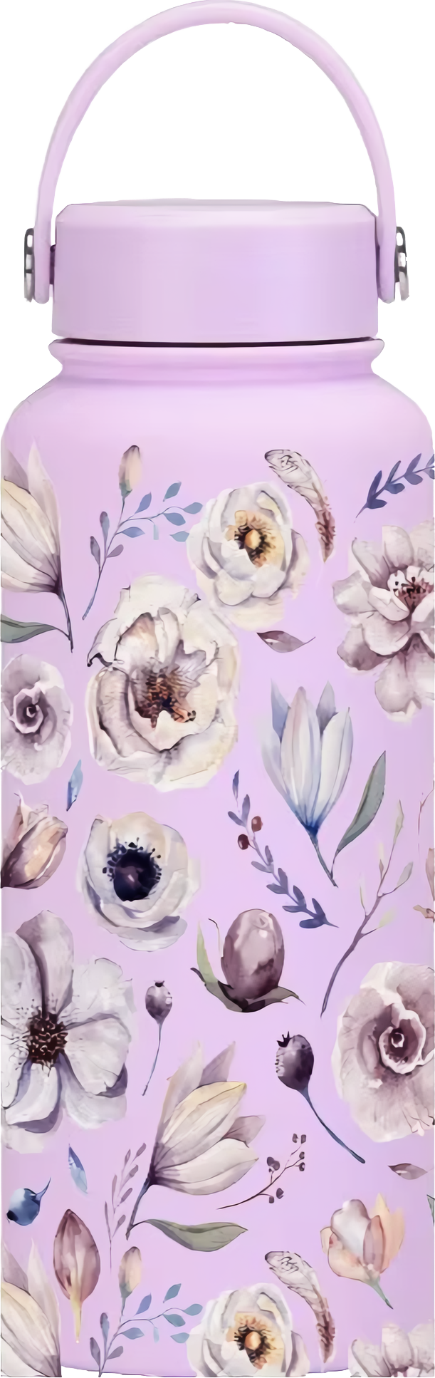 Lavender floral insulated stainless steel water bottle 1000ml with botanical flower print and carry handle