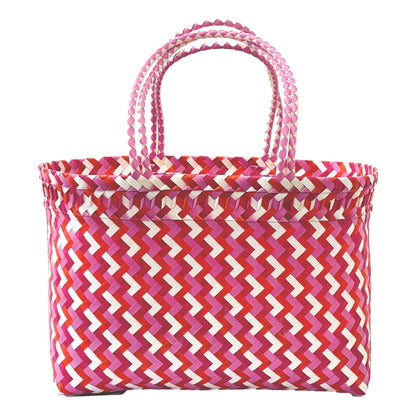 LuLu XLarge Recycled Plastic Woven Tote Bag: Pink White