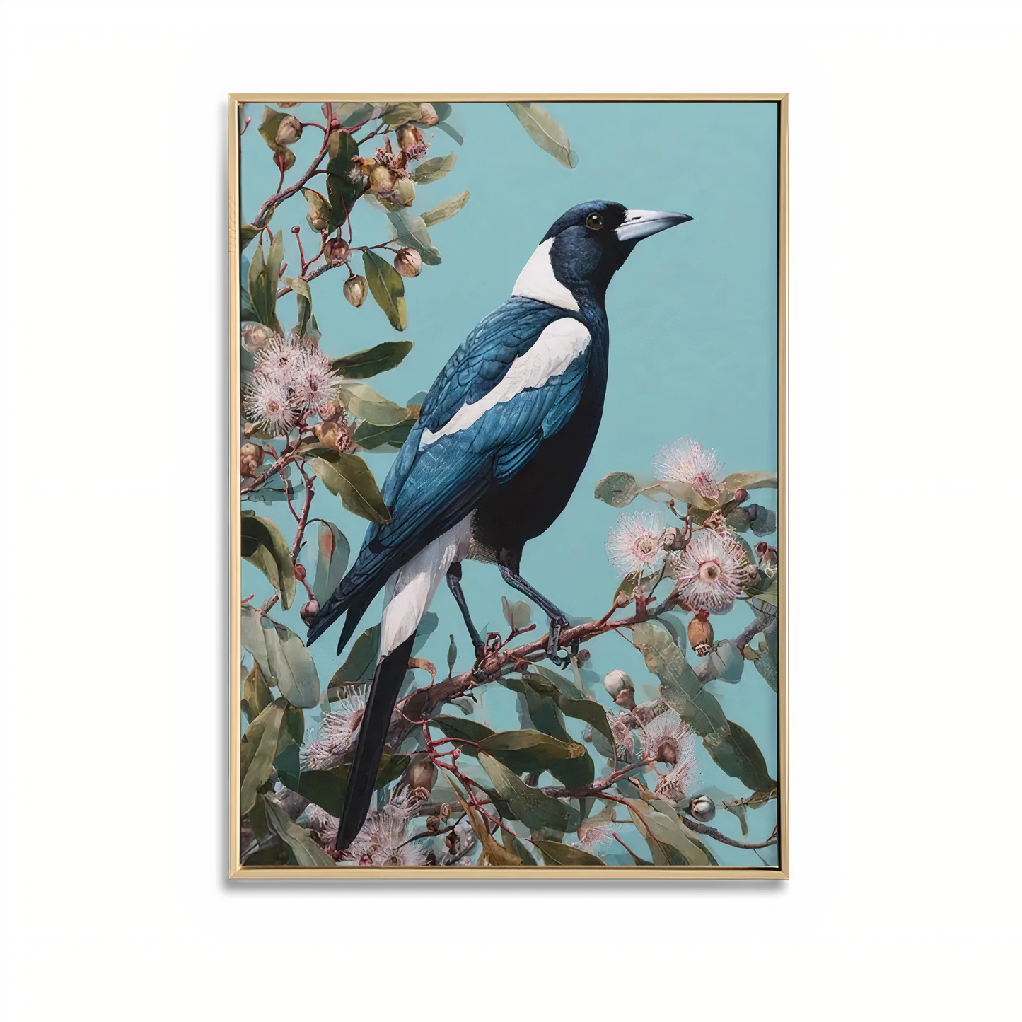 Blue Magpie Botanical Canvas Wall Art – Brushed Print with Light Natural Frame | 50x70 cm