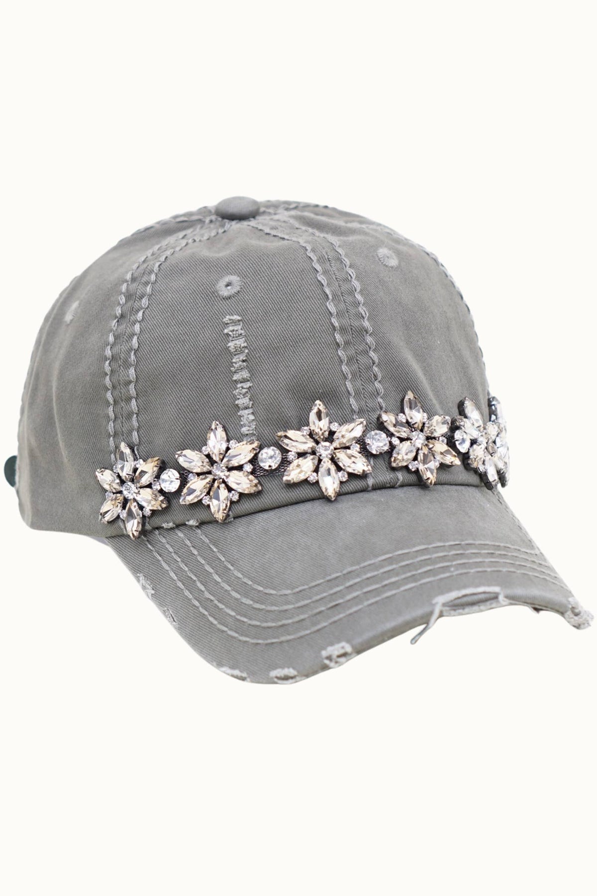 Olive & Pique Bejeweled Bling Glitz Distressed Cap | Adjustable Women's Hat