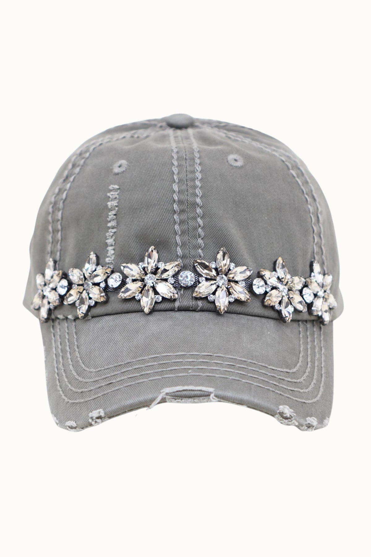 Olive & Pique Bejeweled Bling Glitz Distressed Cap | Adjustable Women's Hat