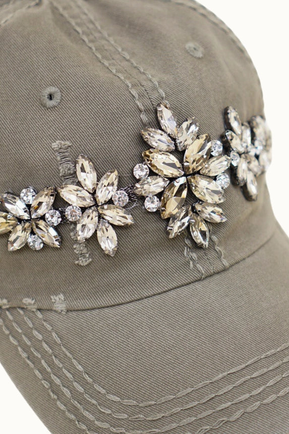 Olive & Pique Bejeweled Bling Glitz Distressed Cap | Adjustable Women's Hat
