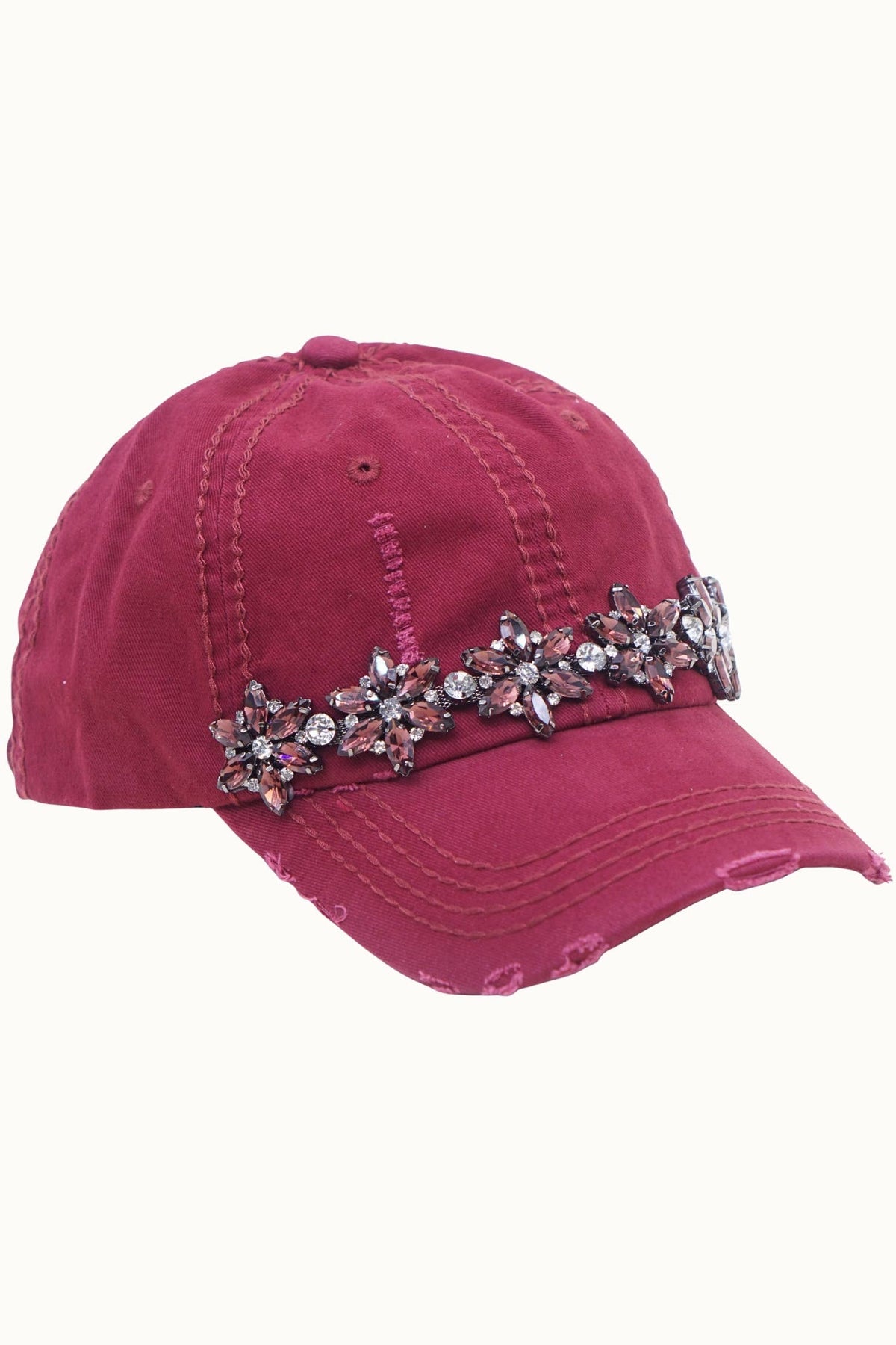 Olive & Pique Bejeweled Bling Glitz Distressed Cap | Adjustable Women's Hat