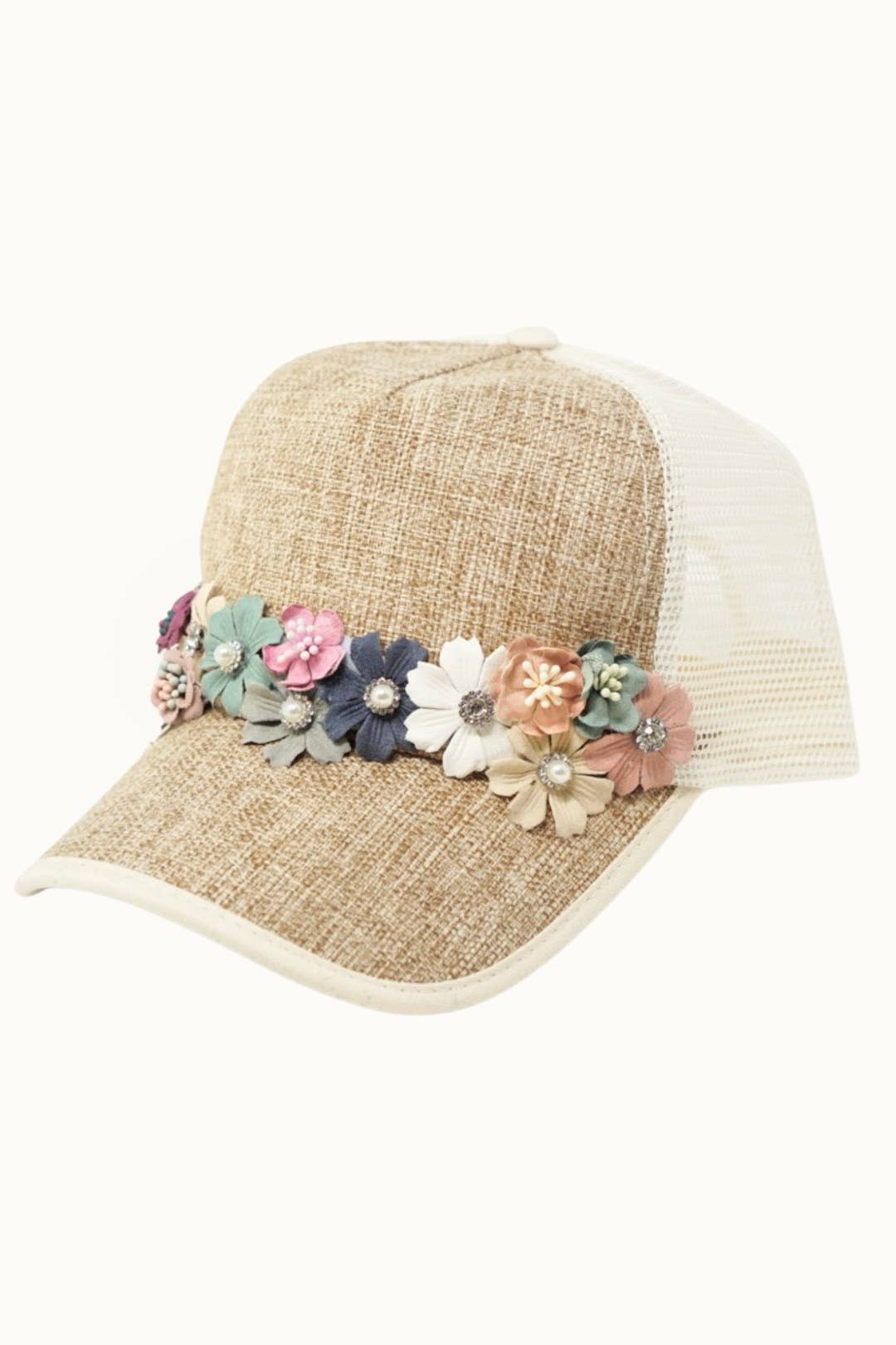 Olive & Pique Floral Bouquet Bejeweled Two-Tone Trucker Cap | Adjustable Women's Hat