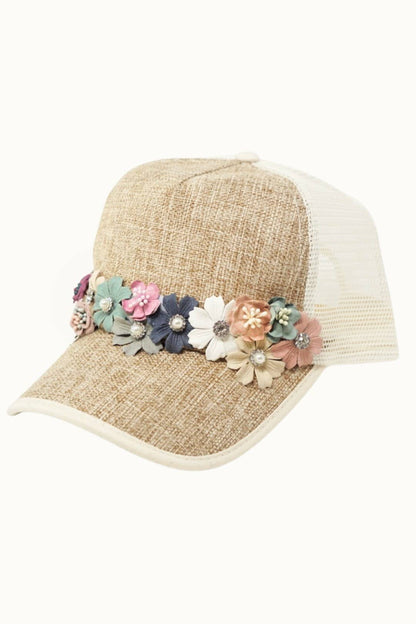 Olive & Pique Floral Bouquet Bejeweled Two-Tone Trucker Cap | Adjustable Women's Hat