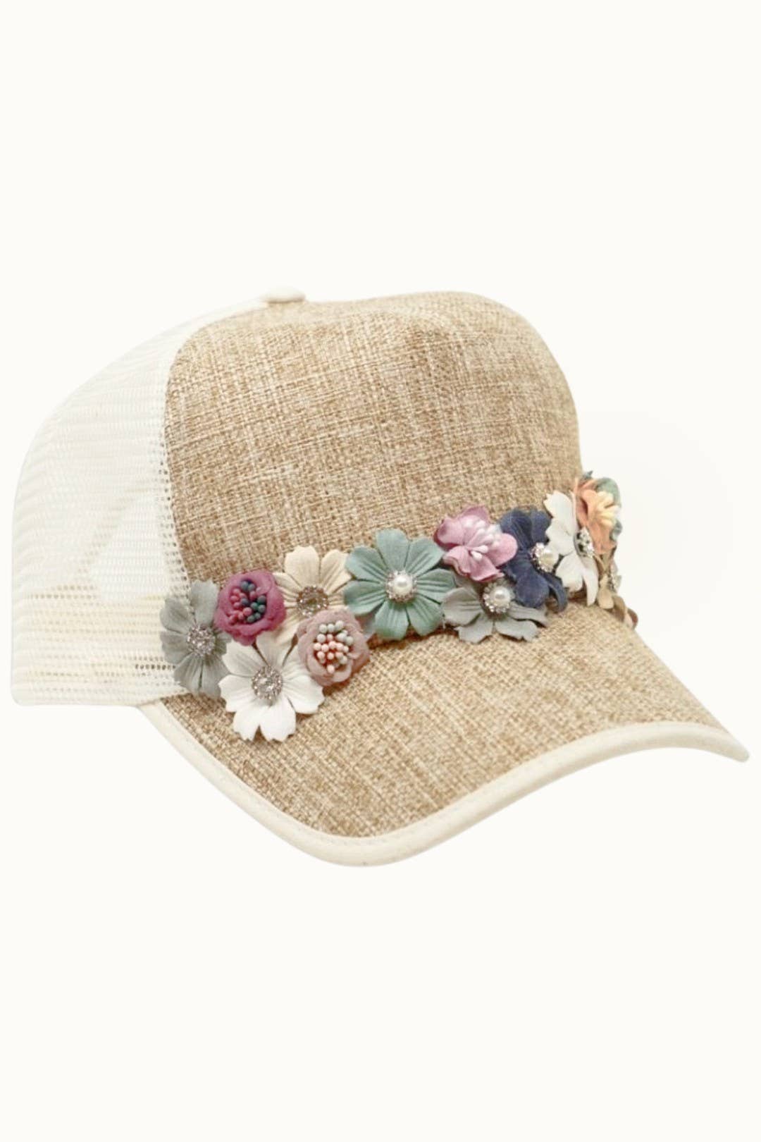 Olive & Pique Floral Bouquet Bejeweled Two-Tone Trucker Cap | Adjustable Women's Hat