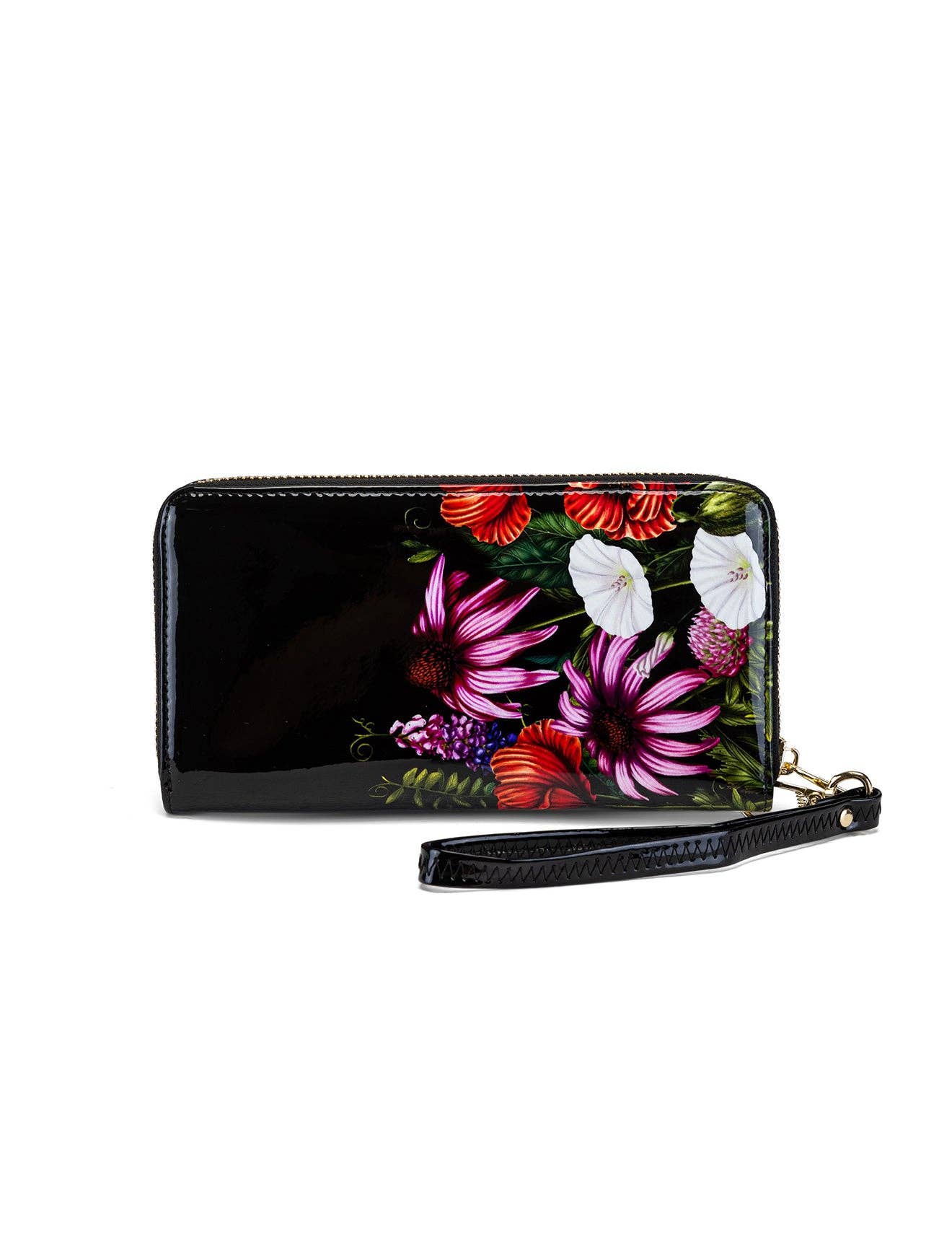 PEONY ZIP AROUND PATENT LEATHER WALLETS WITH RFID - FLORAL PRINT