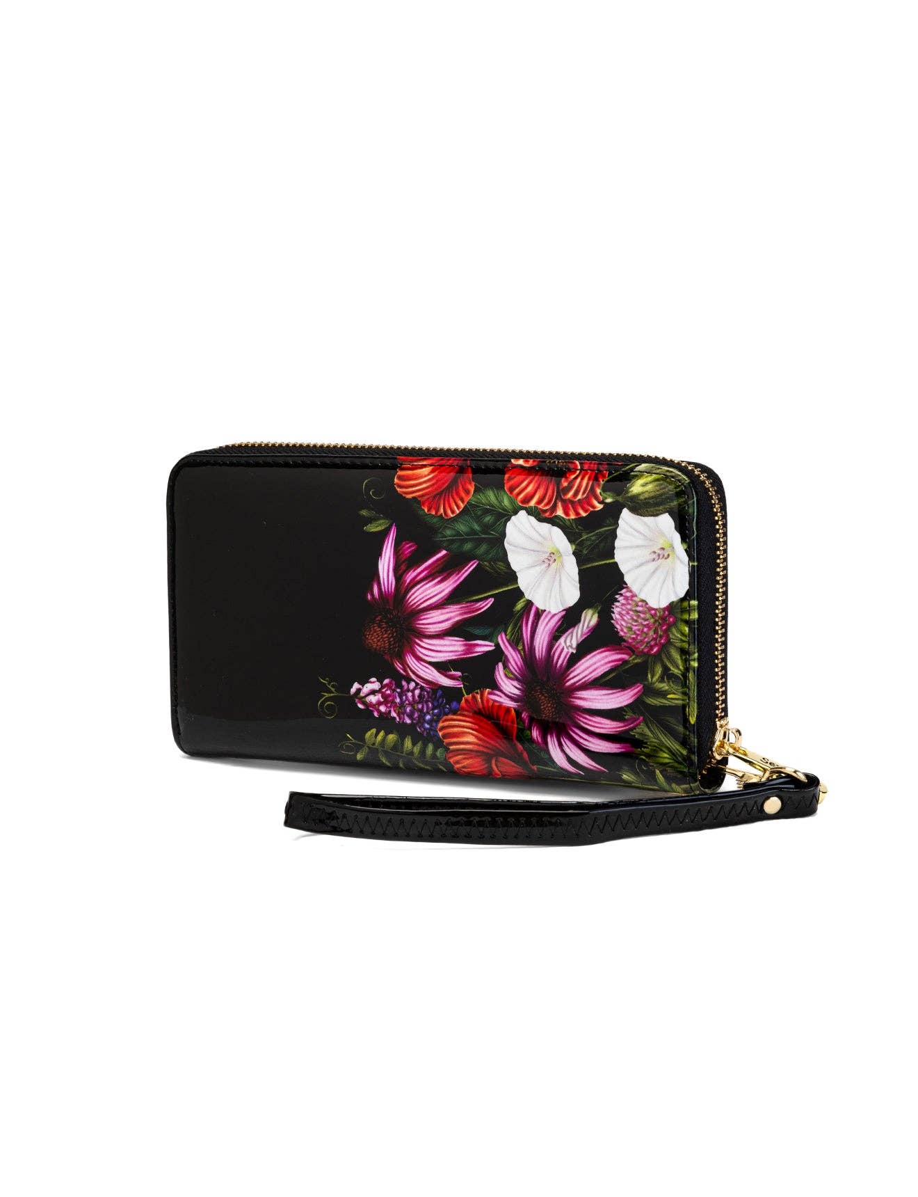 PEONY ZIP AROUND PATENT LEATHER WALLETS WITH RFID - FLORAL PRINT