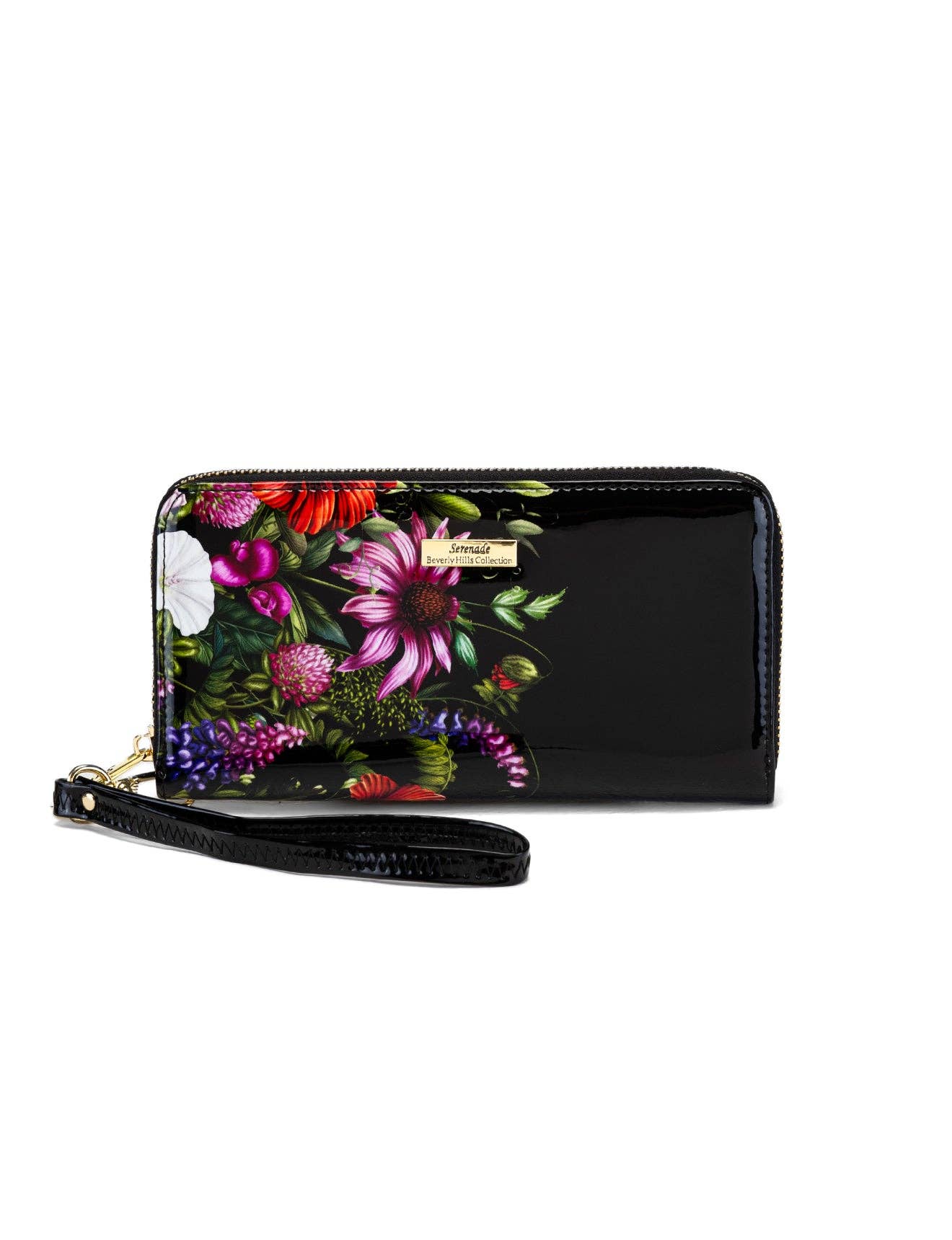 PEONY ZIP AROUND PATENT LEATHER WALLETS WITH RFID - FLORAL PRINT