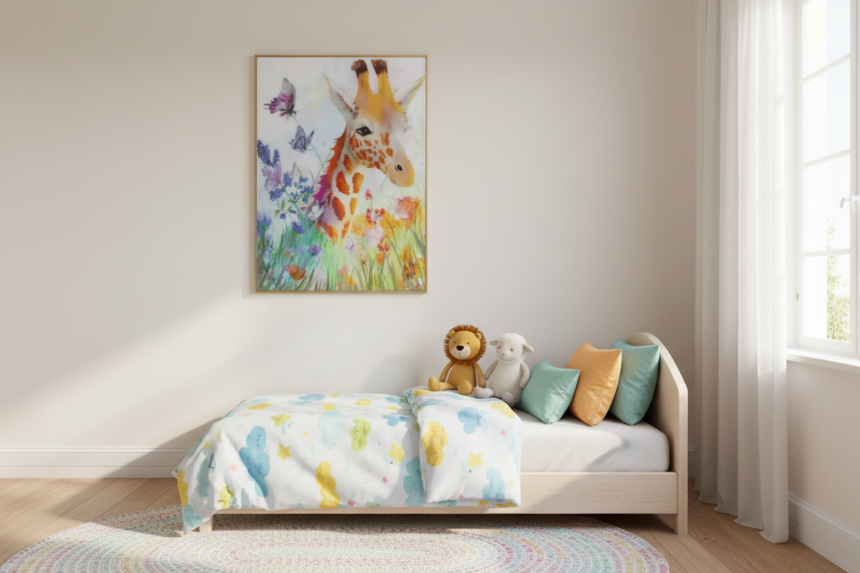 Giraffe & Butterflies Glass Canvas Wall Art