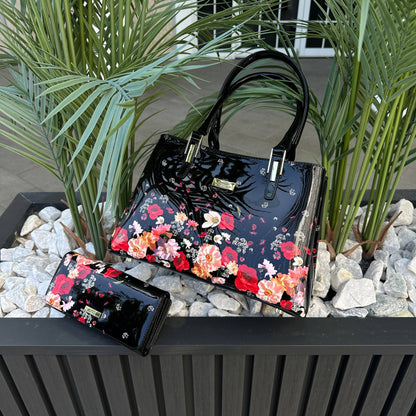Serenade Clara Patent Leather Handbag – Floral Border Elegance
